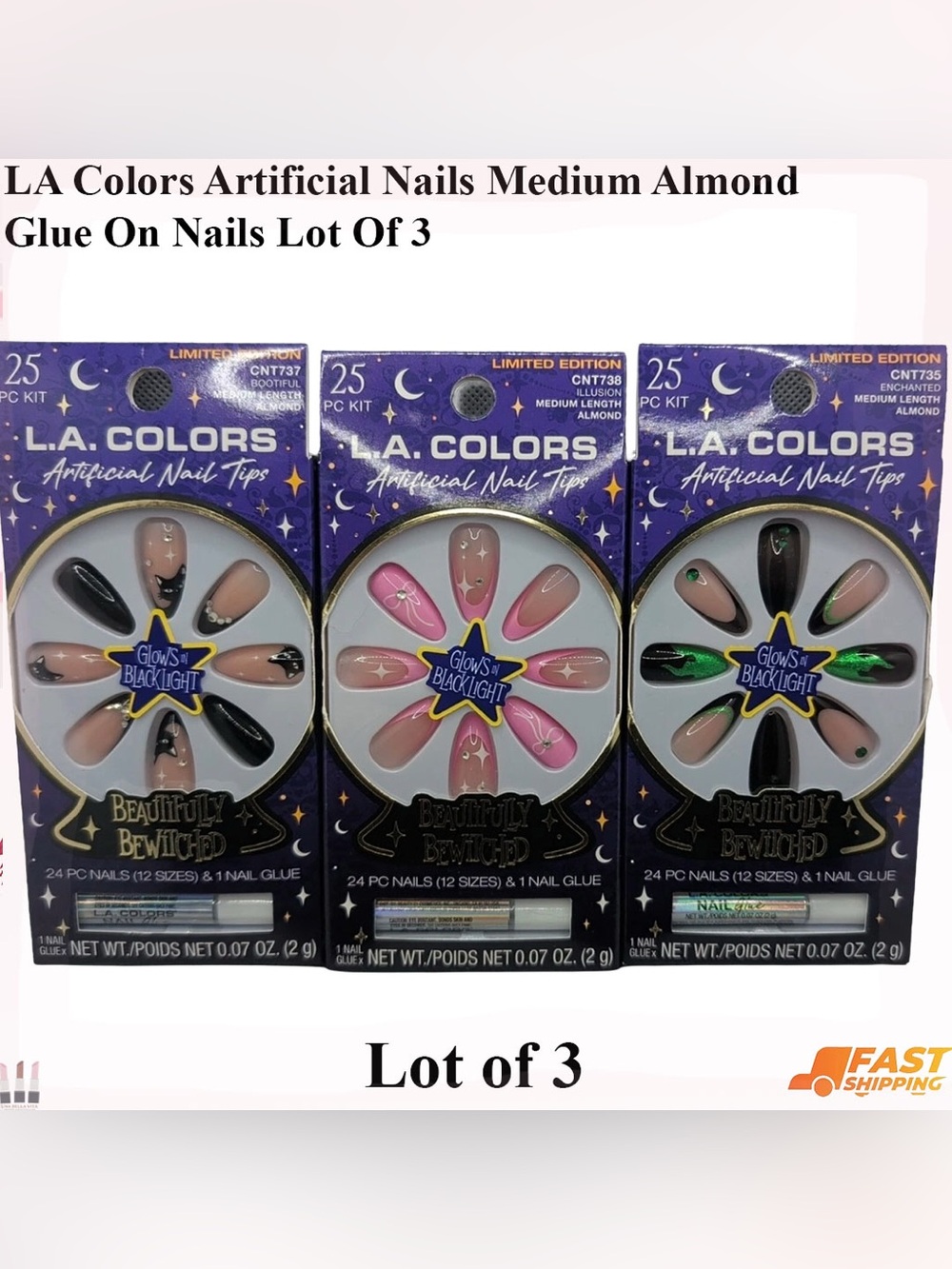 L.A. COLORS Artificial Nail Tips Lot of 3 - Pink, Nude & Black Accent